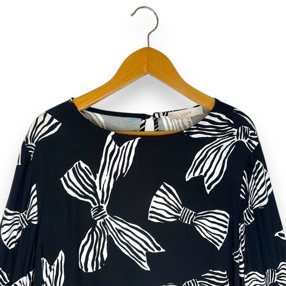 Ann Taylor LOFT NWT Women Bow Flounce Cuff Mini Dress L Black White Bell Sleeve - Picture 5 of 14